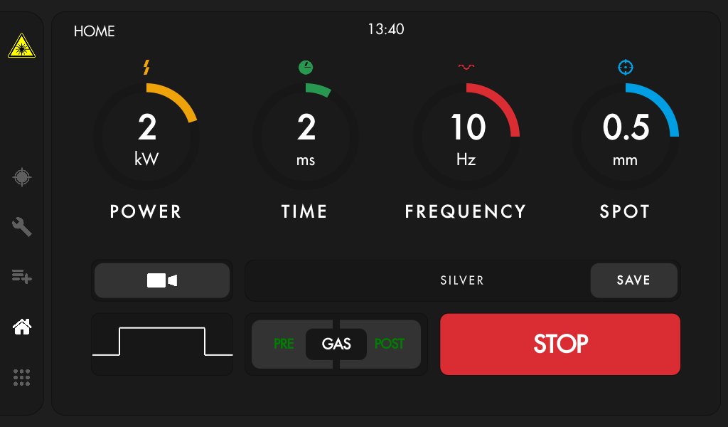 Orotig home screen with power, time, frequency and spot dials
